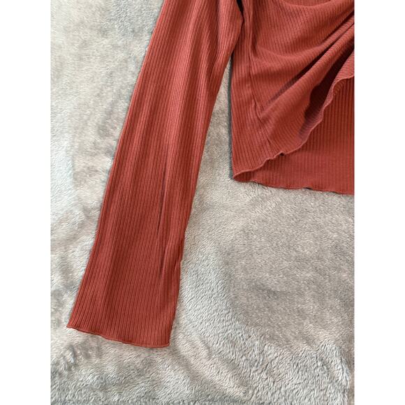 NWOT Originality Large Rust‎ Orange Brown Long Sleeve Cropped Ribbed Lettuce Hem - Picture 6 of 8